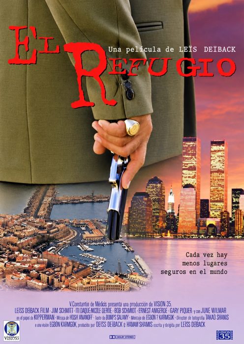 Cartel de El refugio: una mano con pistola entre Nueva York y el puerto de Melilla
