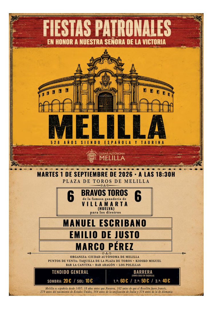 Cartel de la Gran Corrida de Toros de la Feria de Melilla 2026: martes 1 de septiembre a las 18:30h en la Plaza de Toros, con Manuel Escribano, Emilio de Justo y Marco Pérez.