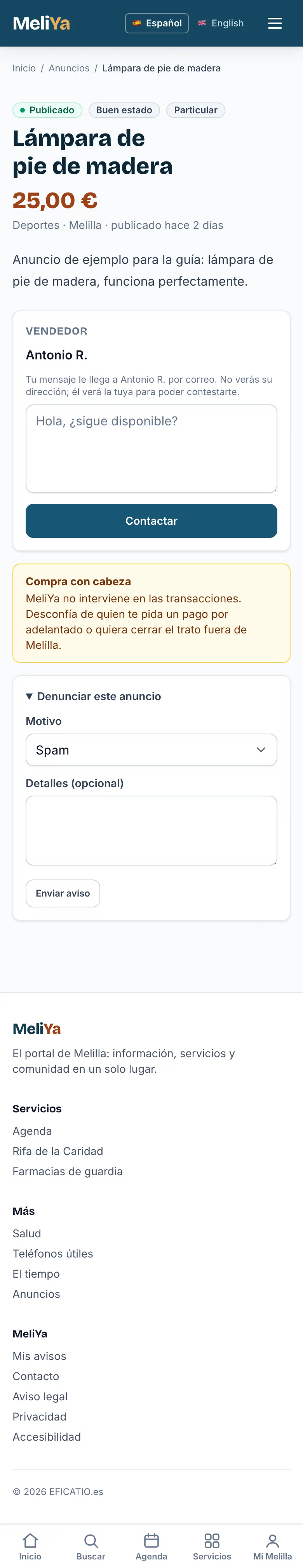 Un anuncio con el formulario para contactar y el de denunciar