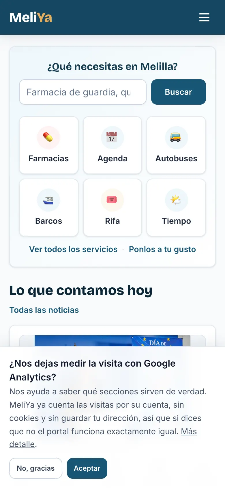 El aviso de cookies con «No, gracias» y «Aceptar»