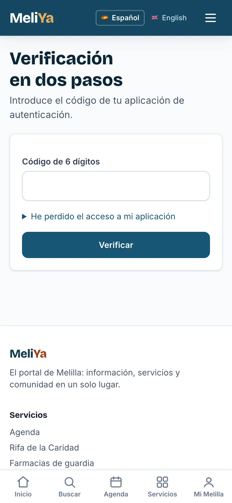 Pantalla que pide el código de 6 dígitos