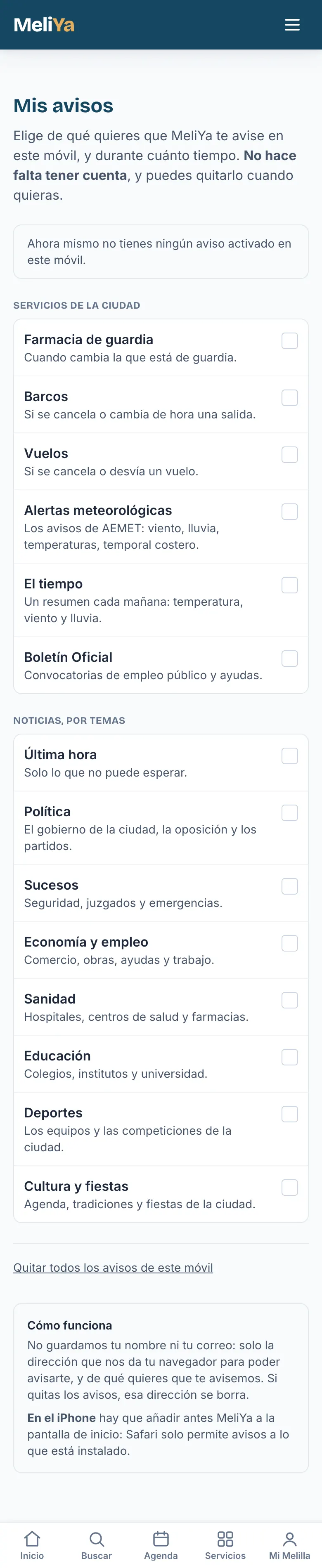 La página «Mis avisos»