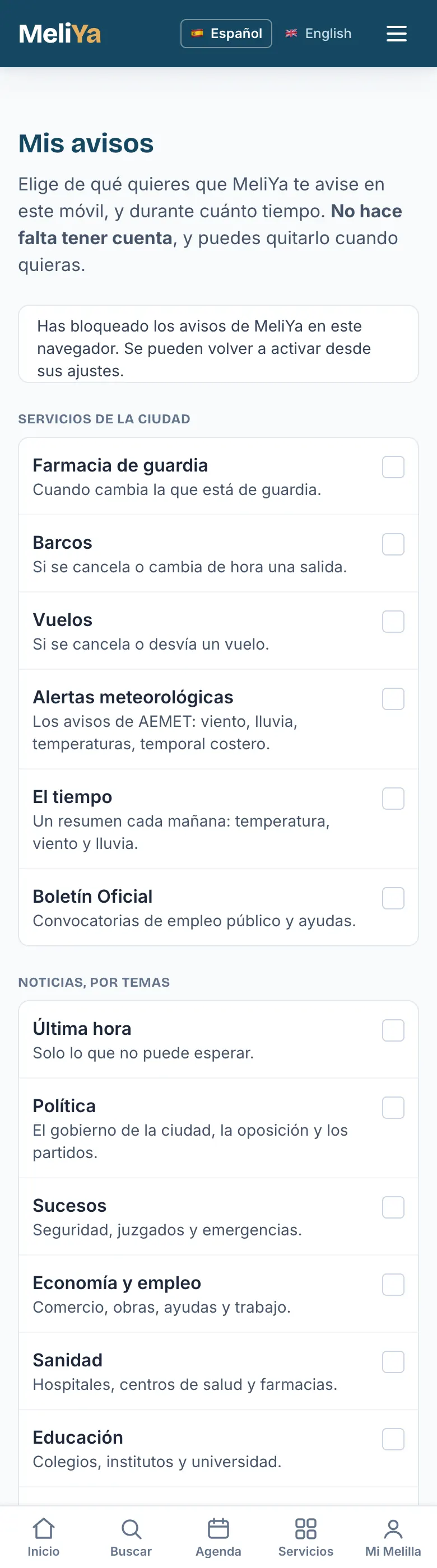 El aviso de avisos bloqueados en Mis avisos