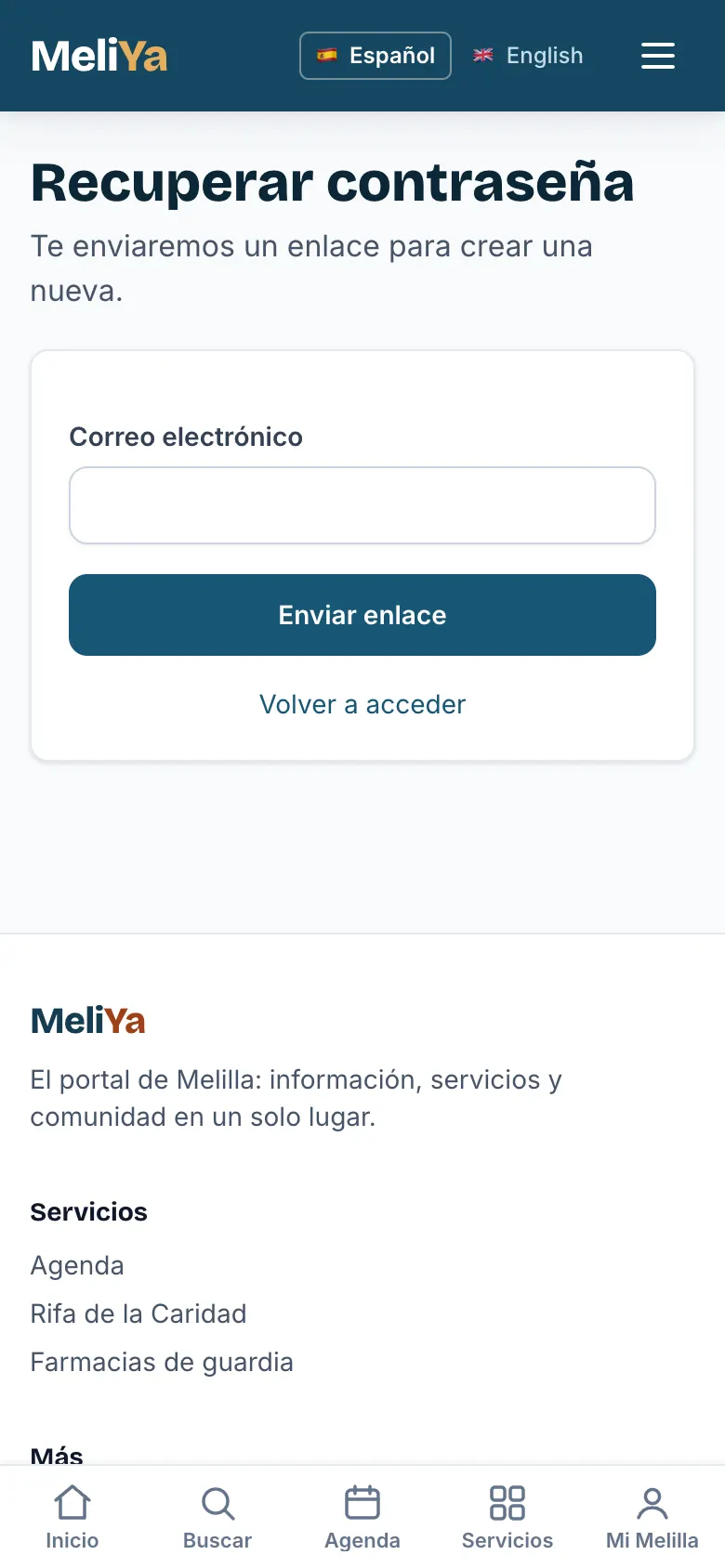 Pantalla para recuperar la contraseña