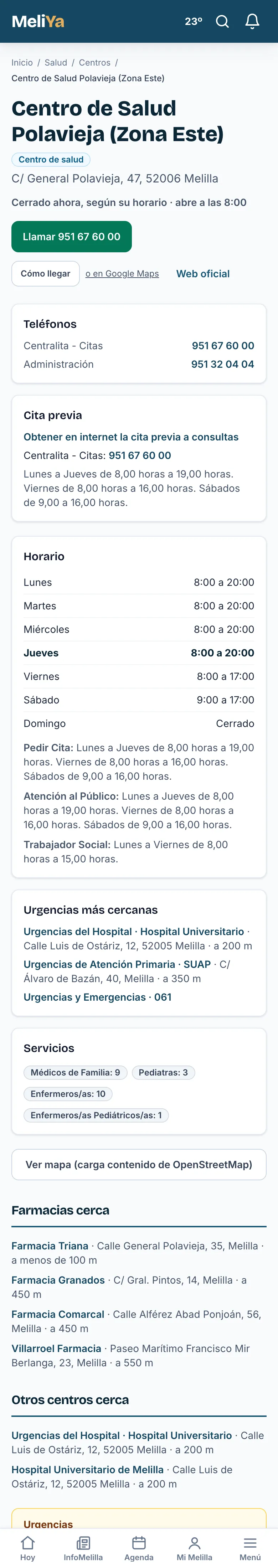 La página de un centro de salud, con su horario y la cita previa