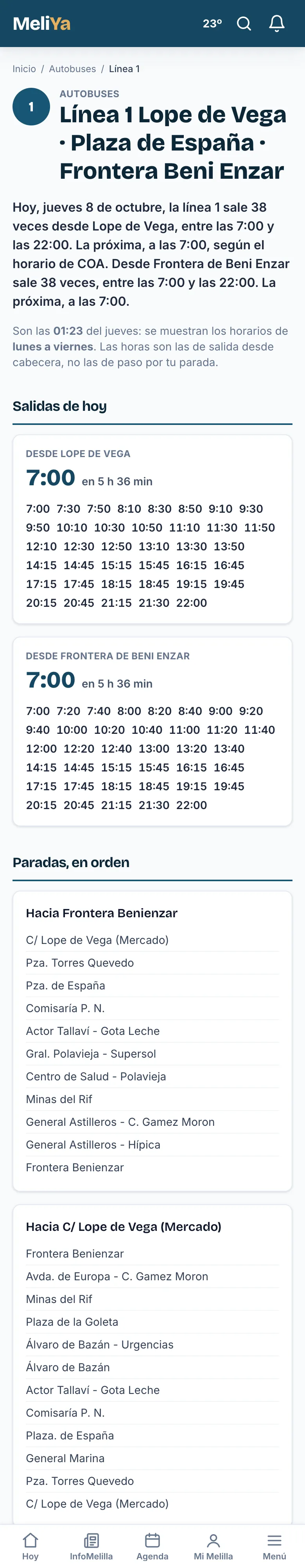 La página de una línea, con sus salidas y sus paradas