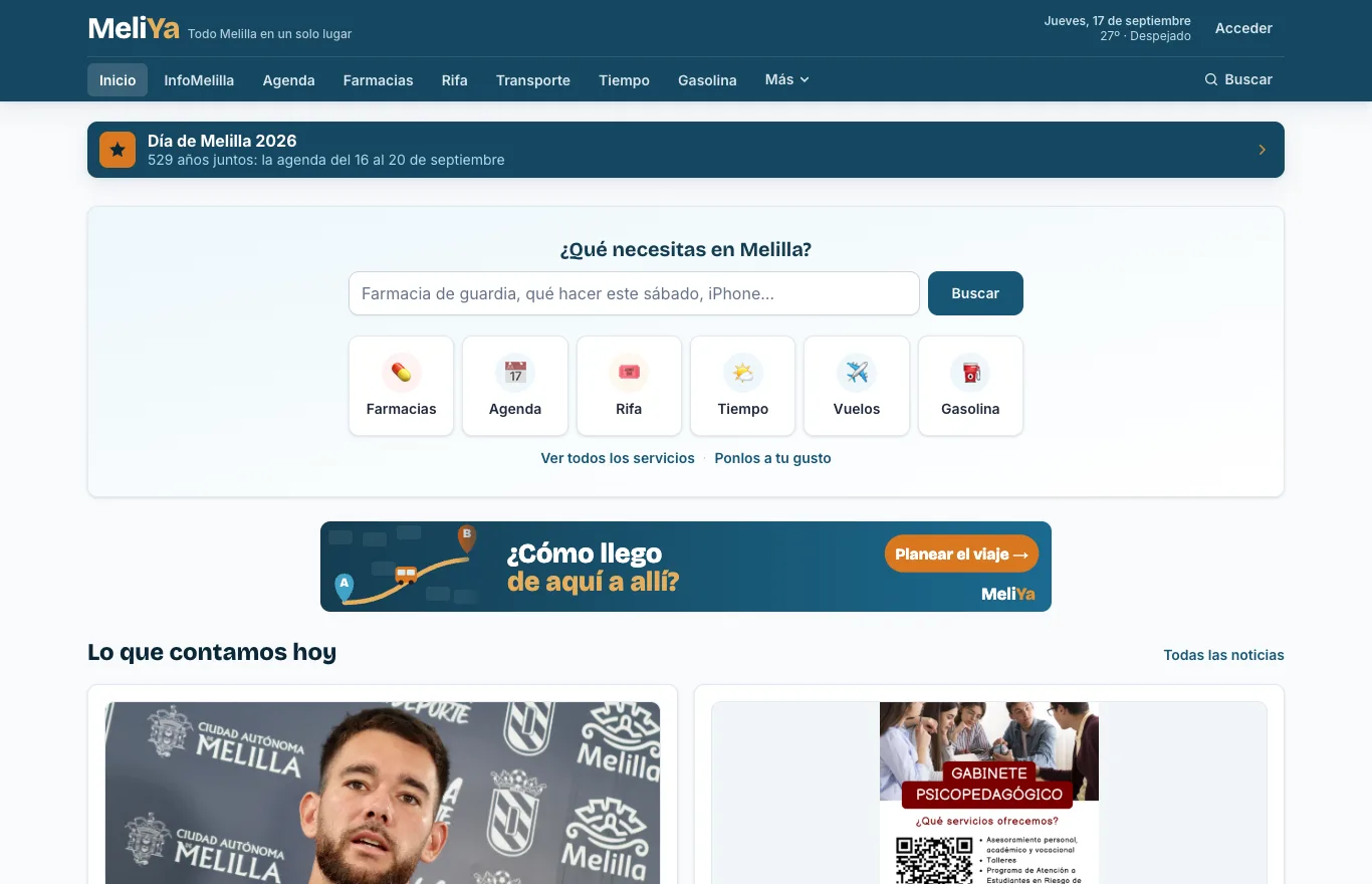 Portada de MeliYa con el buscador y los accesos a farmacias, agenda, rifa, tiempo, vuelos y gasolina