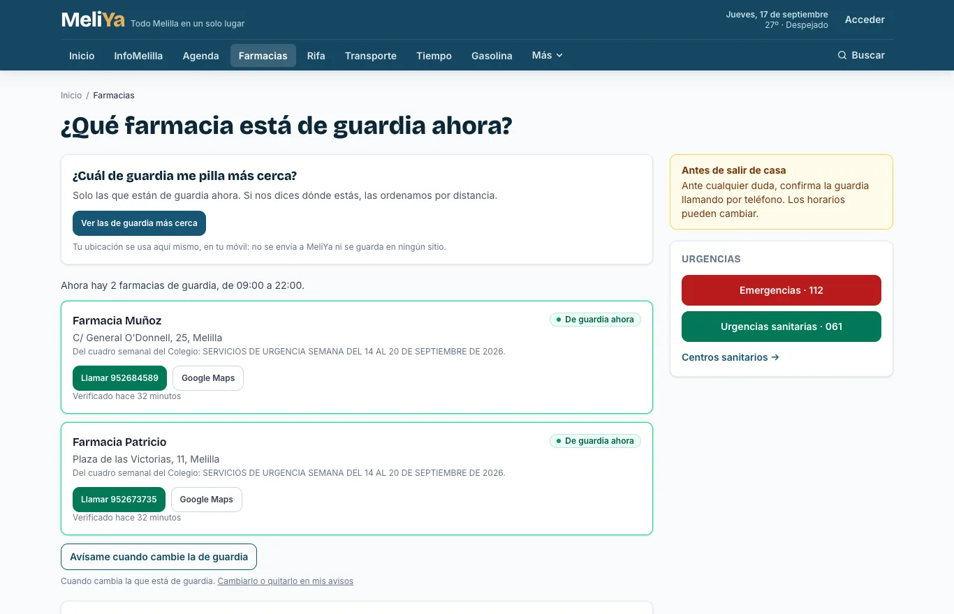 Página de farmacias de guardia de MeliYa con las dos farmacias abiertas