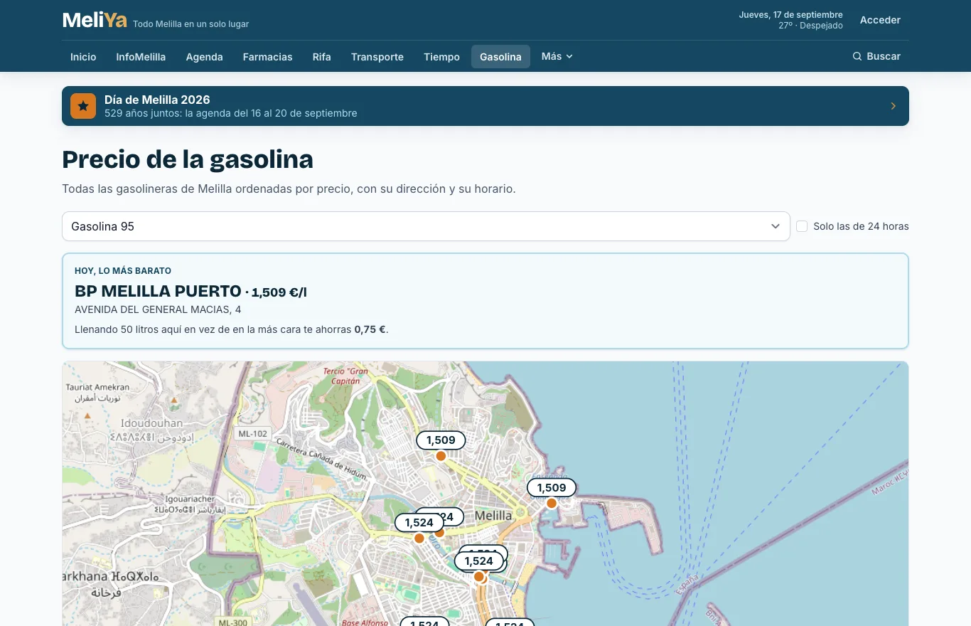 Mapa de gasolineras de Melilla con sus precios en MeliYa