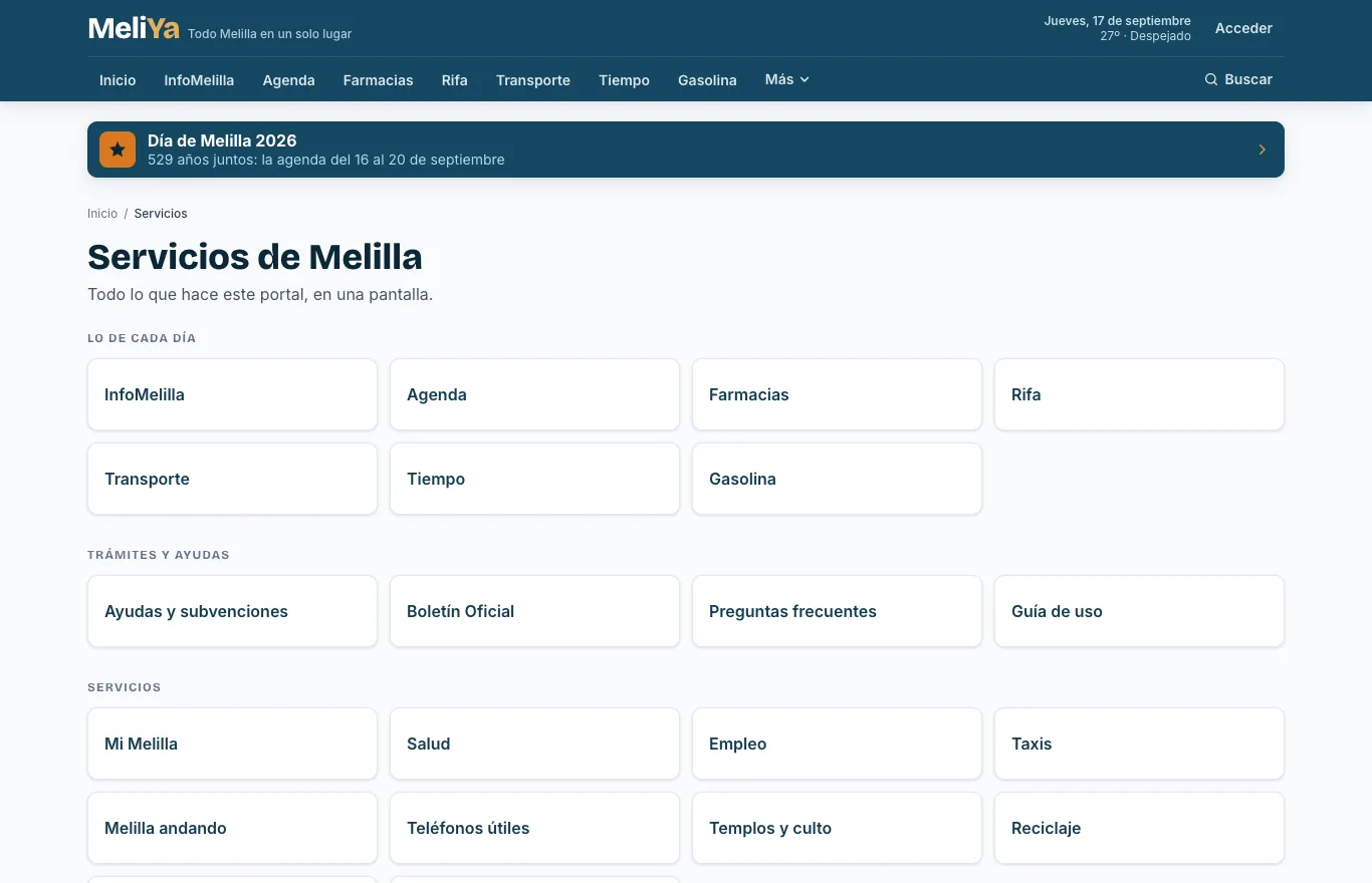 Página con todos los servicios de MeliYa