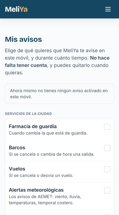 La página Mis avisos de MeliYa con la lista de servicios para activar