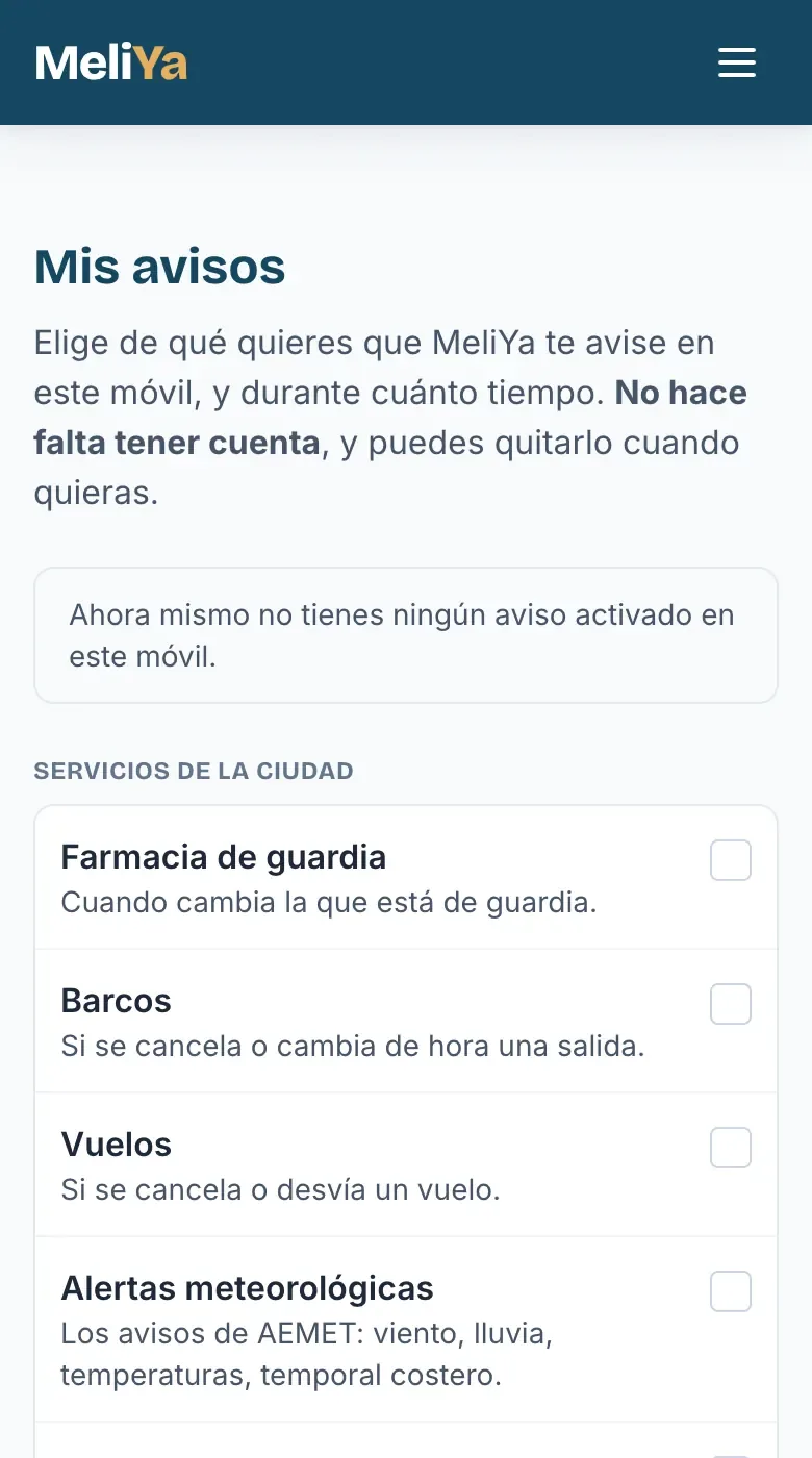 La página Mis avisos de MeliYa con la lista de servicios para activar