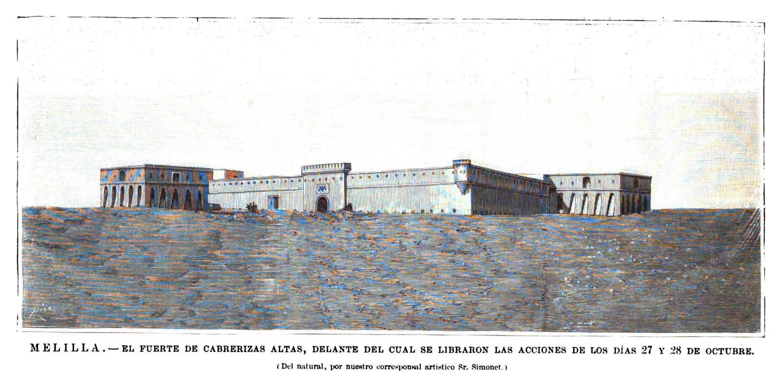 Grabado antiguo en tonos azulados que muestra un fuerte alargado de muros bajos, con una torre central almenada y edificios con arcos a los lados, sobre un terreno pelado.