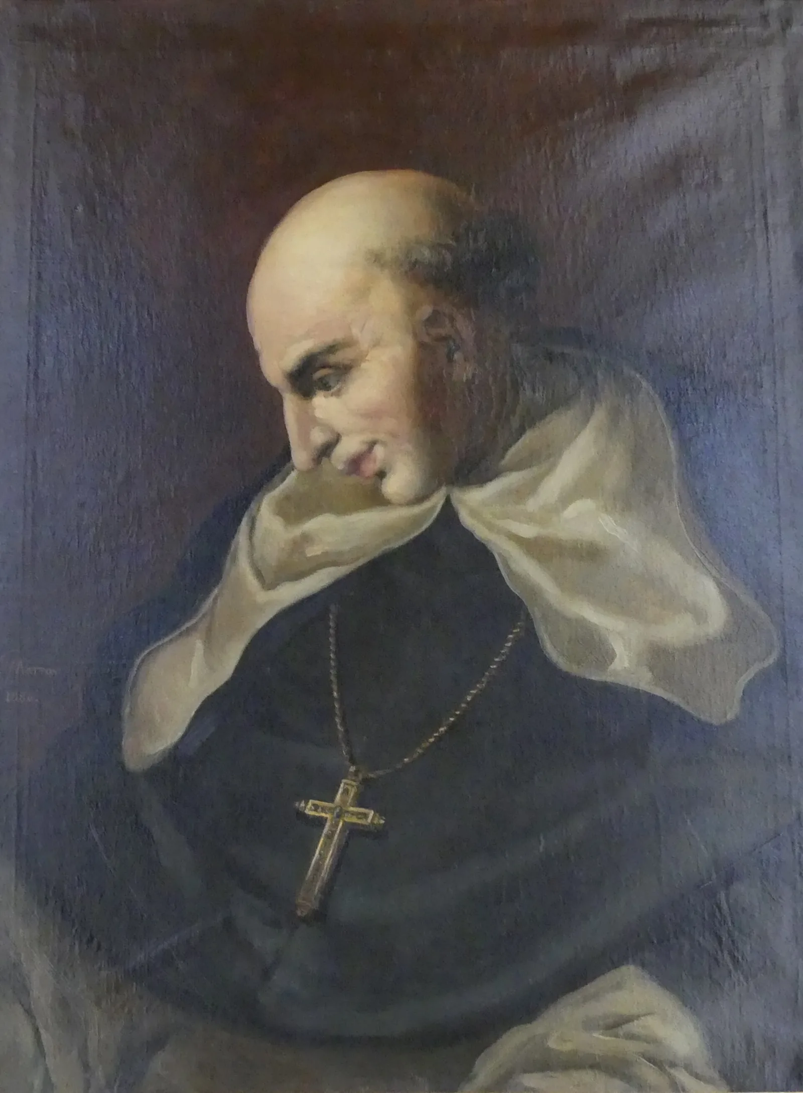 Retrato al óleo de fray Bartolomé de las Casas con hábito blanco y negro de dominico y una cruz al pecho, de perfil y con la cabeza inclinada.
