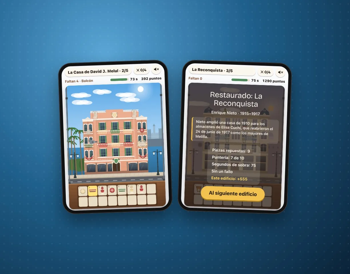 Dos pantallas del juego «Ruta modernista»: la Casa Melul con las piezas por reponer y La Reconquista restaurada con su dato.