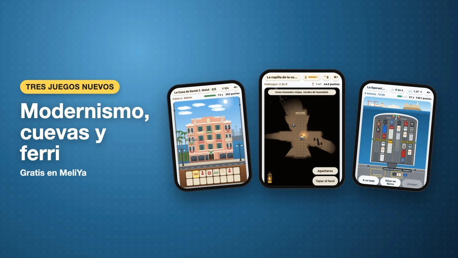 Tres pantallas de los juegos: la fachada modernista de la Casa Melul, una galería de las Cuevas del Conventico alumbrada por un farol y la bodega de un ferri llena de coches.