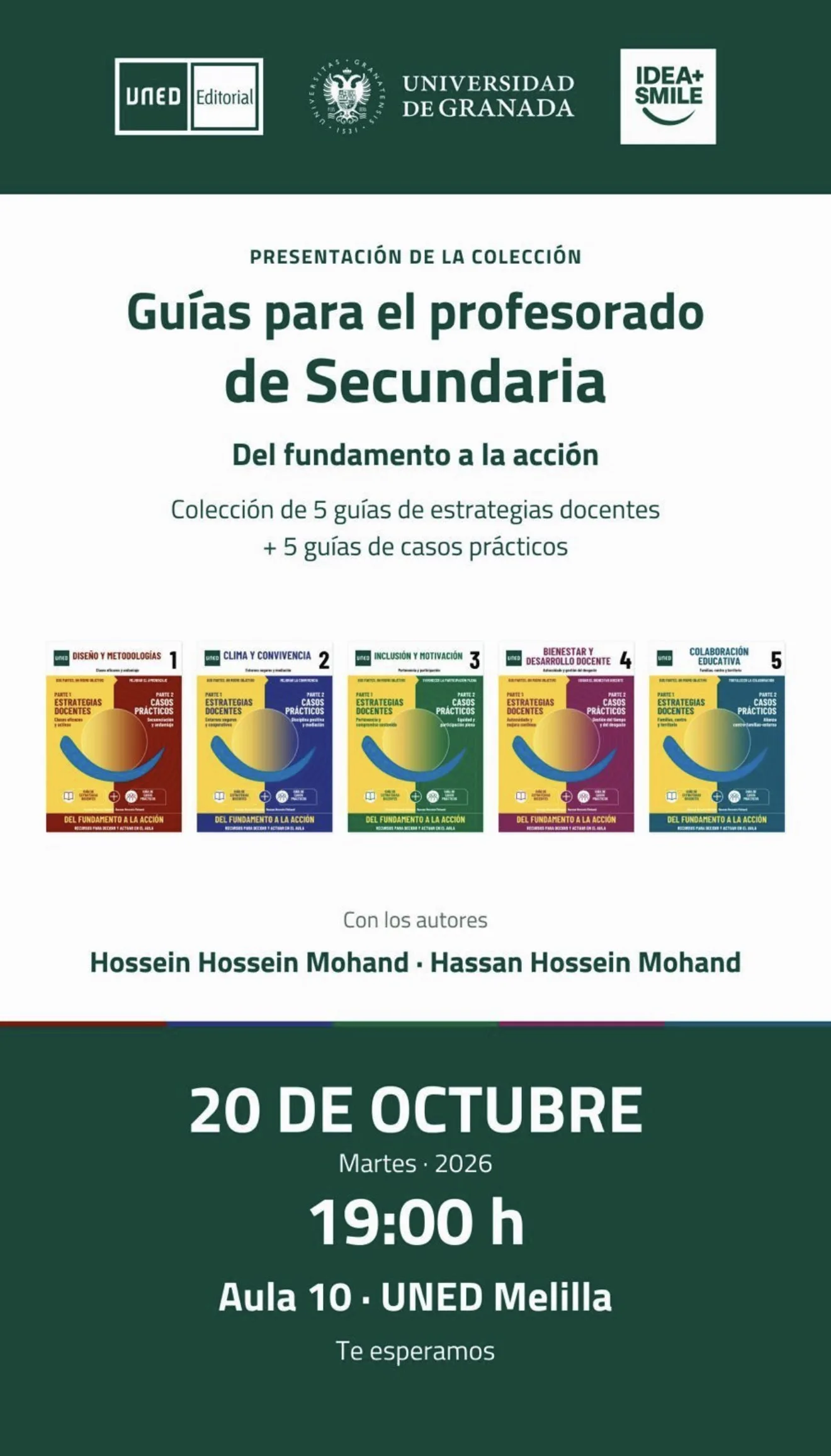 Cartel de la presentación de las Guías para el profesorado de Secundaria, con las portadas de los cinco volúmenes, el 20 de octubre a las 19:00 en el aula 10 de la UNED de Melilla.