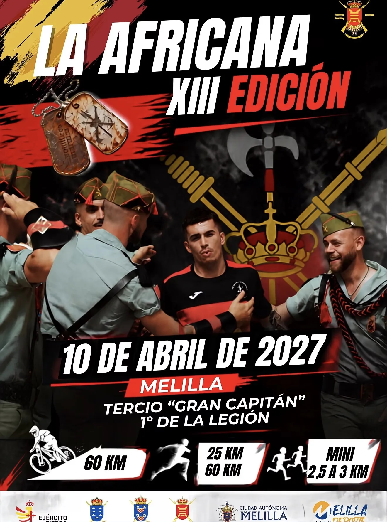 Cartel de la XIII edición de La Africana, carrera del Tercio Gran Capitán 1º de La Legión, el 10 de abril de 2027 en Melilla, con BTT de 60 km, carrera de 25 y 60 km y MiniAfricana.
