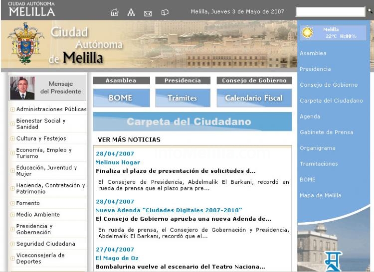 La página web de Melilla recibió 287.564 visitas a lo largo de los primeros 4 meses de 2007