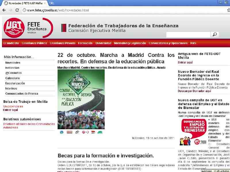 Captura de la página principal de la nueva web de FETE-UGT Melilla