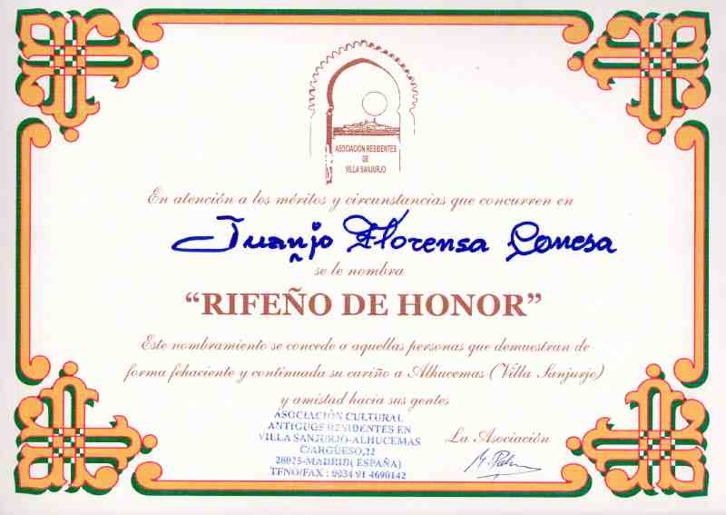 Juan José Florensa nombrado 'Rifeño de Honor' por la Asociación de Residentes de Villa Sanjurjo