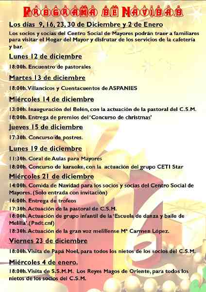 El Centro Social de Mayores elabora un extenso programa de actividades con ocasión de las fiestas navideñas