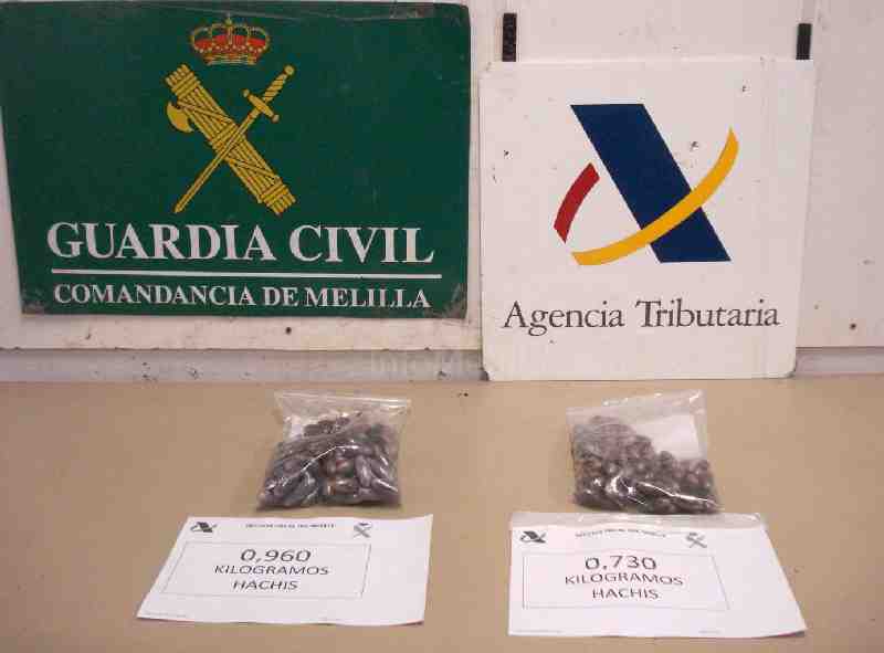Detenidos en Melilla dos jóvenes madrileños con 110 bellotas de hachís en el interior de sus organismos