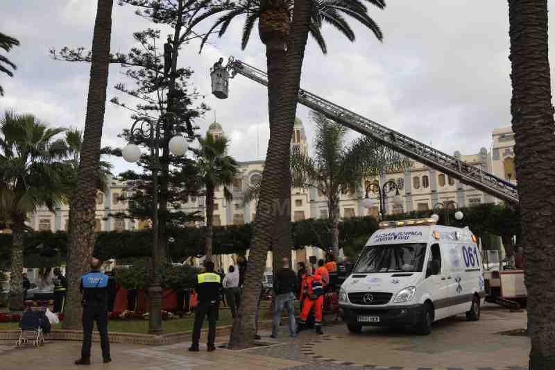 Un inmigrante se encarama a un árbol de la Plaza de España para pedir su traslado a la Península y protestar por el "mal trato" que recibe en el CETI