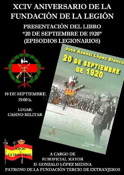 La Legión celebrará su XCIV Aniversario con la presentación del libro "20 de septiembre de 1920"