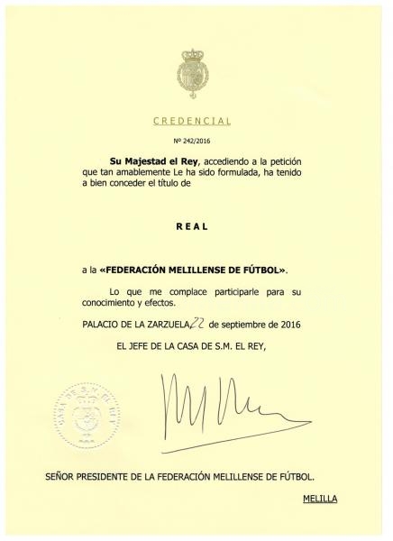 Su Majestad el Rey concede el título de Real a la Federación Melillense de Fútbol