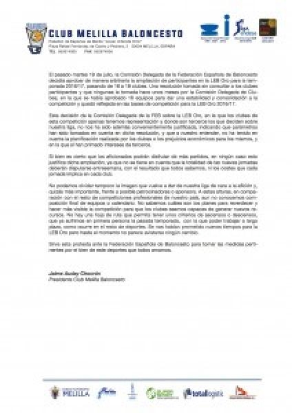 Comunicado Oficial: Malestar del Club Melilla Baloncesto por el tratamiento a la LEB Oro