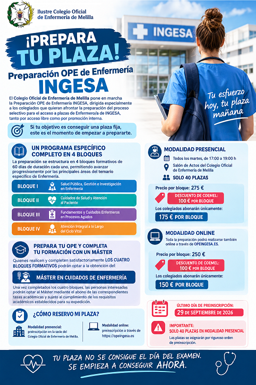 Imagen de la noticia: El Colegio de Enfermería de Melilla abre preinscripción para preparar la OPE de INGESA