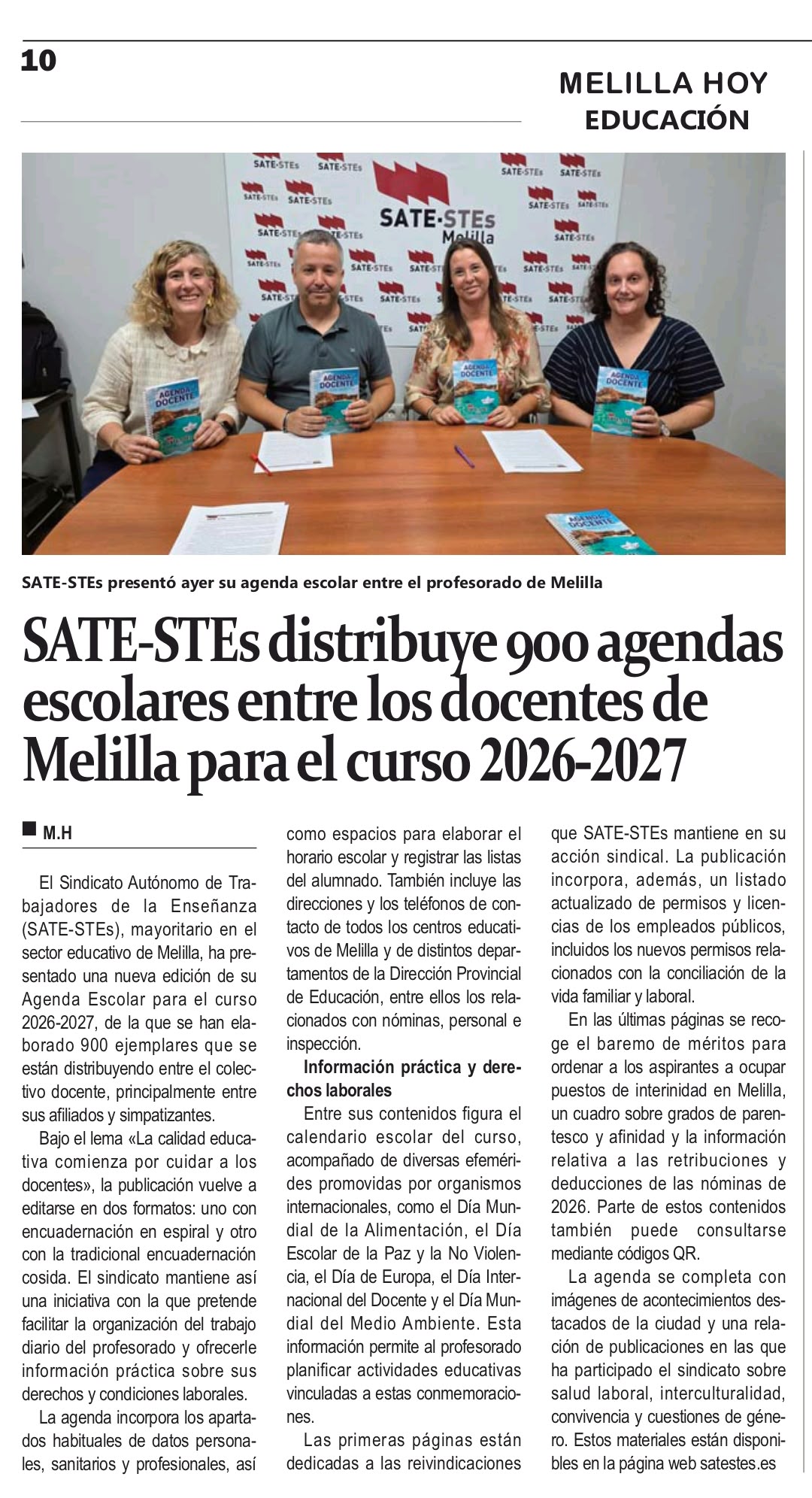 Imagen de la noticia: SATE-STEs presenta su agenda escolar para el curso 2026-2027