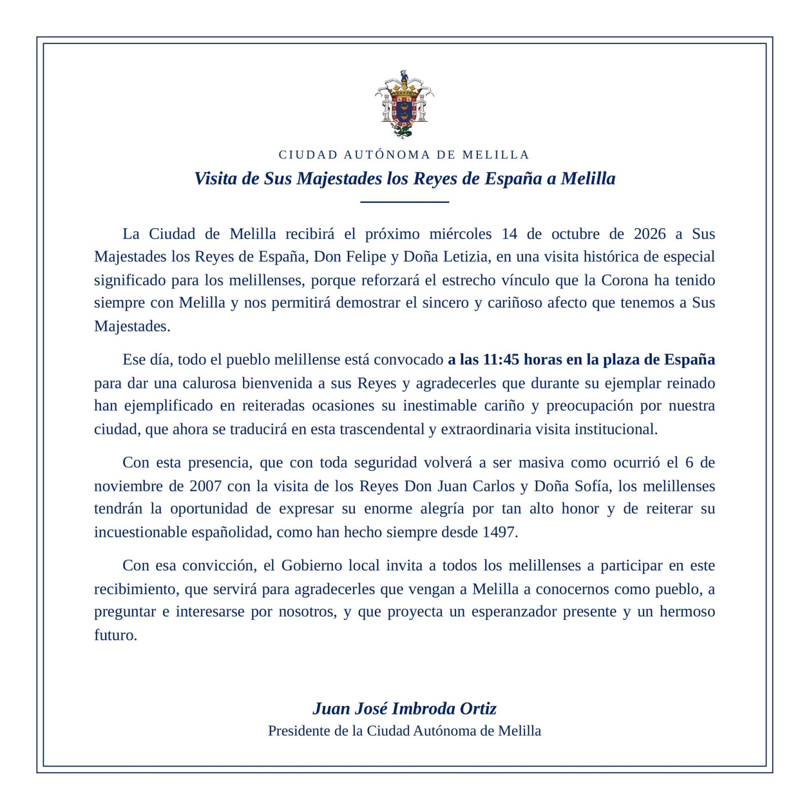Imagen de la noticia: El Gobierno de Melilla convoca al vecindario a recibir a los Reyes el 14 de octubre