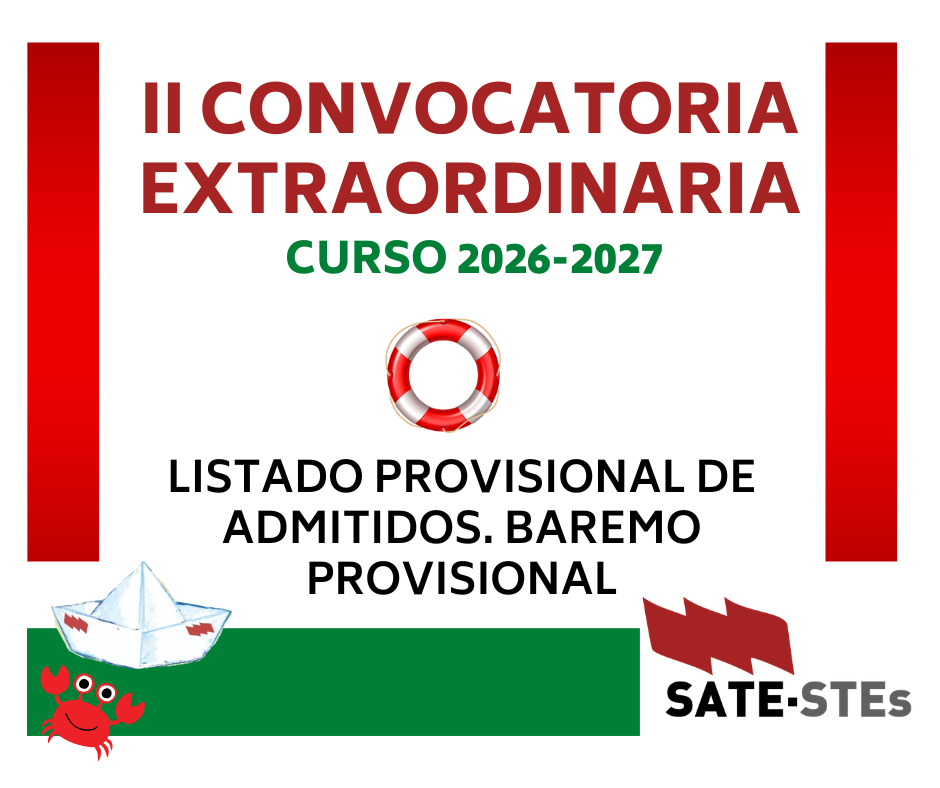 Cartel con el texto II Convocatoria Extraordinaria, curso 2026-2027, listado provisional de admitidos y baremo provisional.