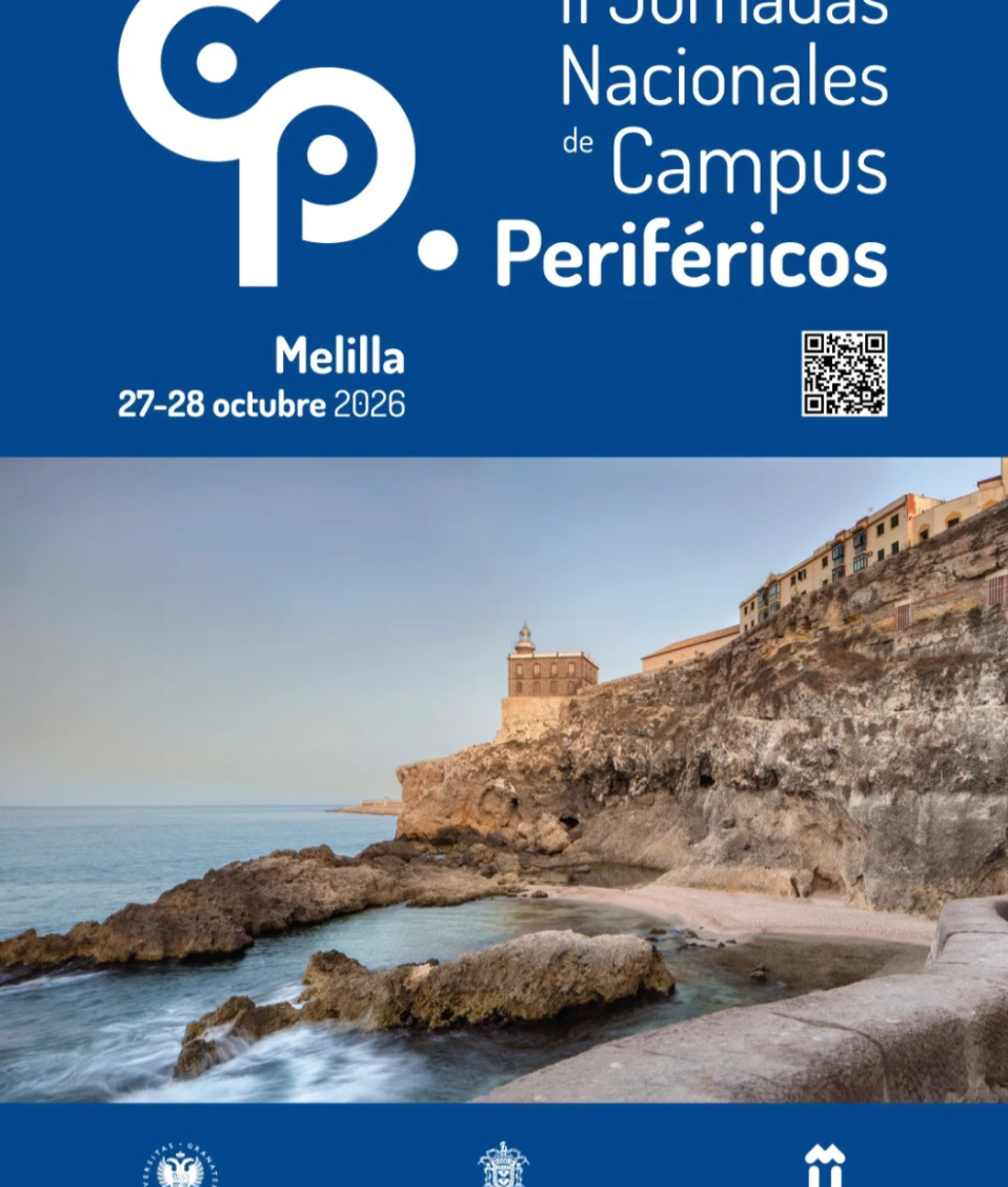 Cartel azul de unas jornadas en Melilla sobre campus periféricos, con una costa rocosa y edificios sobre un acantilado.