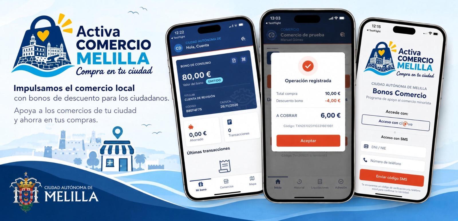Cartel de Activa Comercio Melilla con tres móviles mostrando pantallas de una app de bonos de descuento.