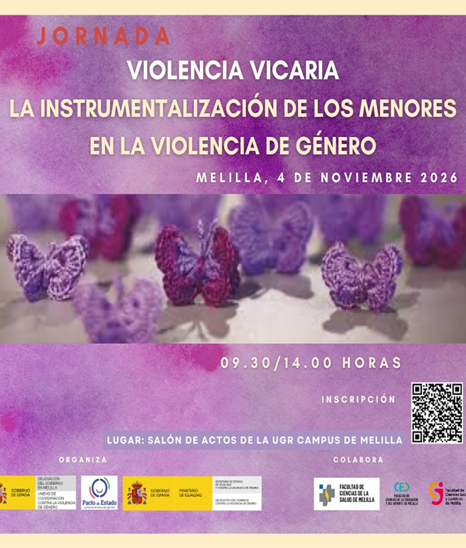 Cartel morado de una jornada sobre violencia vicaria en Melilla, con mariposas de ganchillo y un código QR.