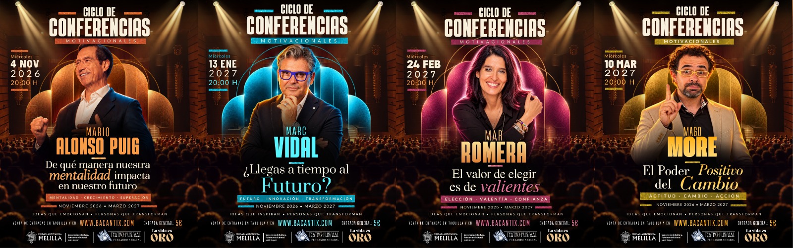 Cuatro carteles de un ciclo de conferencias motivacionales con retratos de los ponentes, fechas y títulos de cada charla.