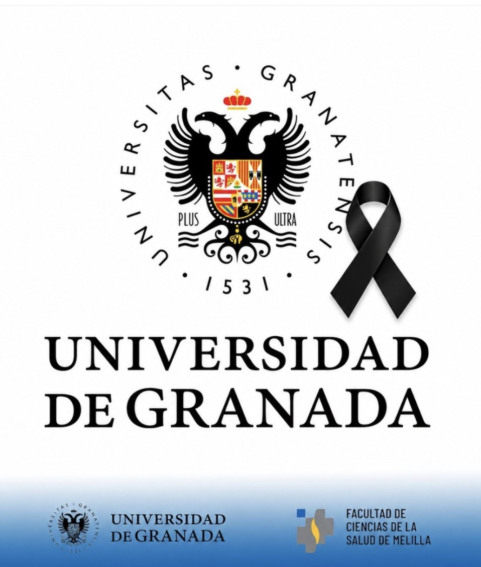 Escudo de la Universidad de Granada con un lazo negro y el texto UNIVERSIDAD DE GRANADA sobre fondo blanco.