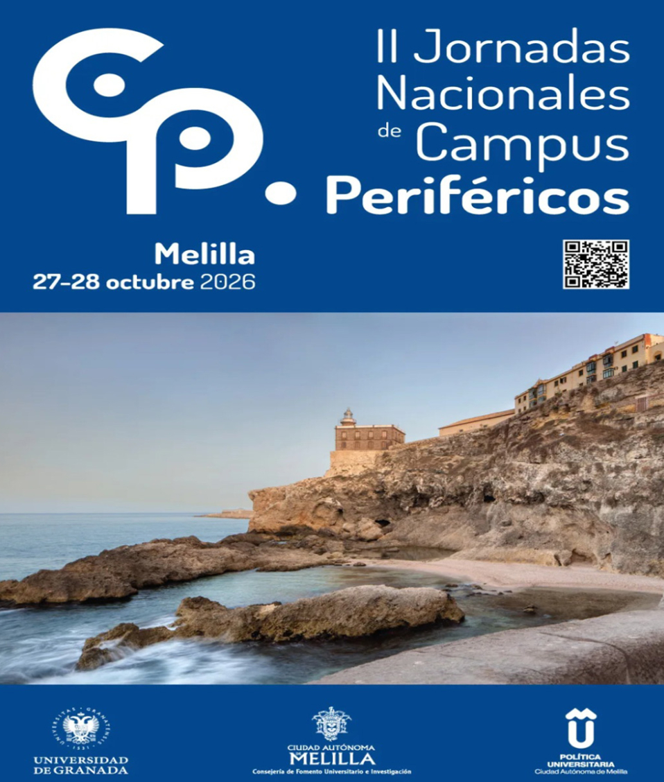 Cartel azul de las II Jornadas de Campus Periféricos en Melilla, con una foto de costa rocosa y edificios sobre el acantilado.