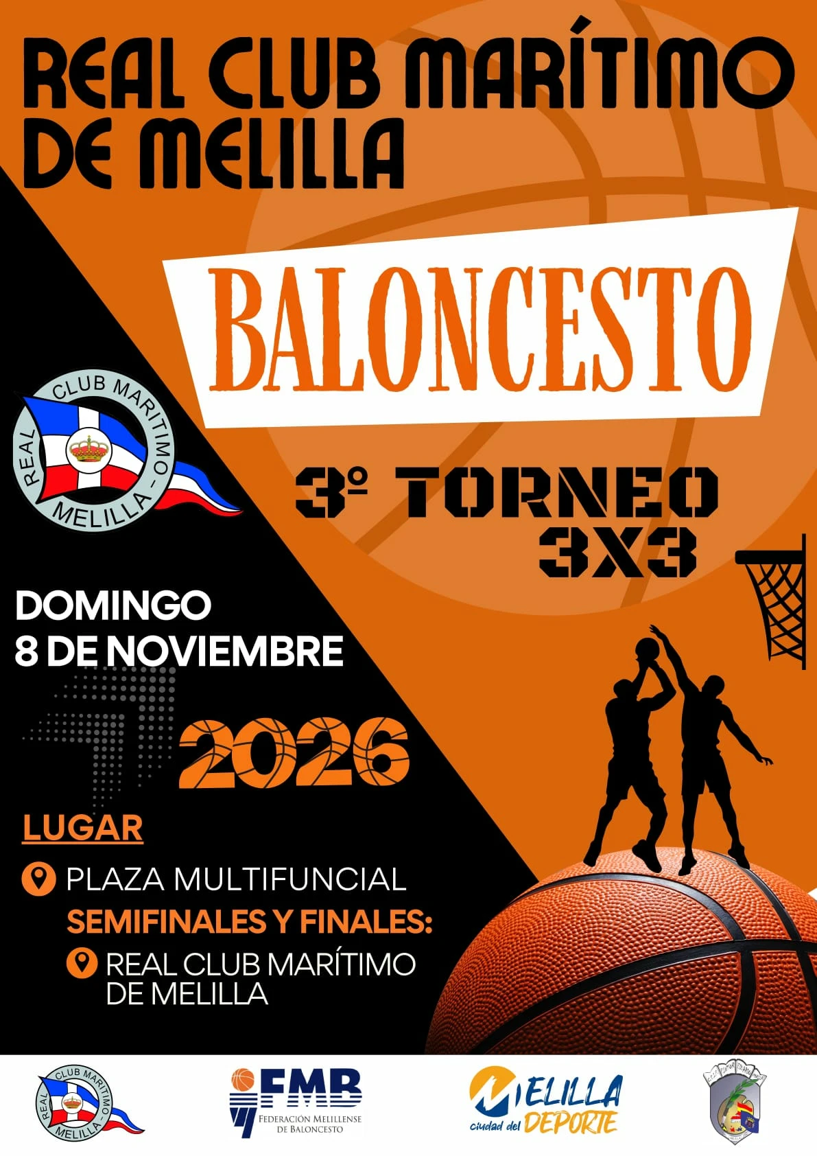 Cartel naranja y negro de un torneo 3x3 de baloncesto con siluetas de jugadores y un gran balón.