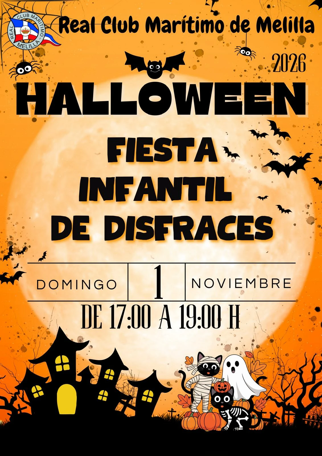 Cartel naranja de Halloween con luna llena, murciélagos, casa encantada y gatos disfrazados, y texto de fiesta infantil.