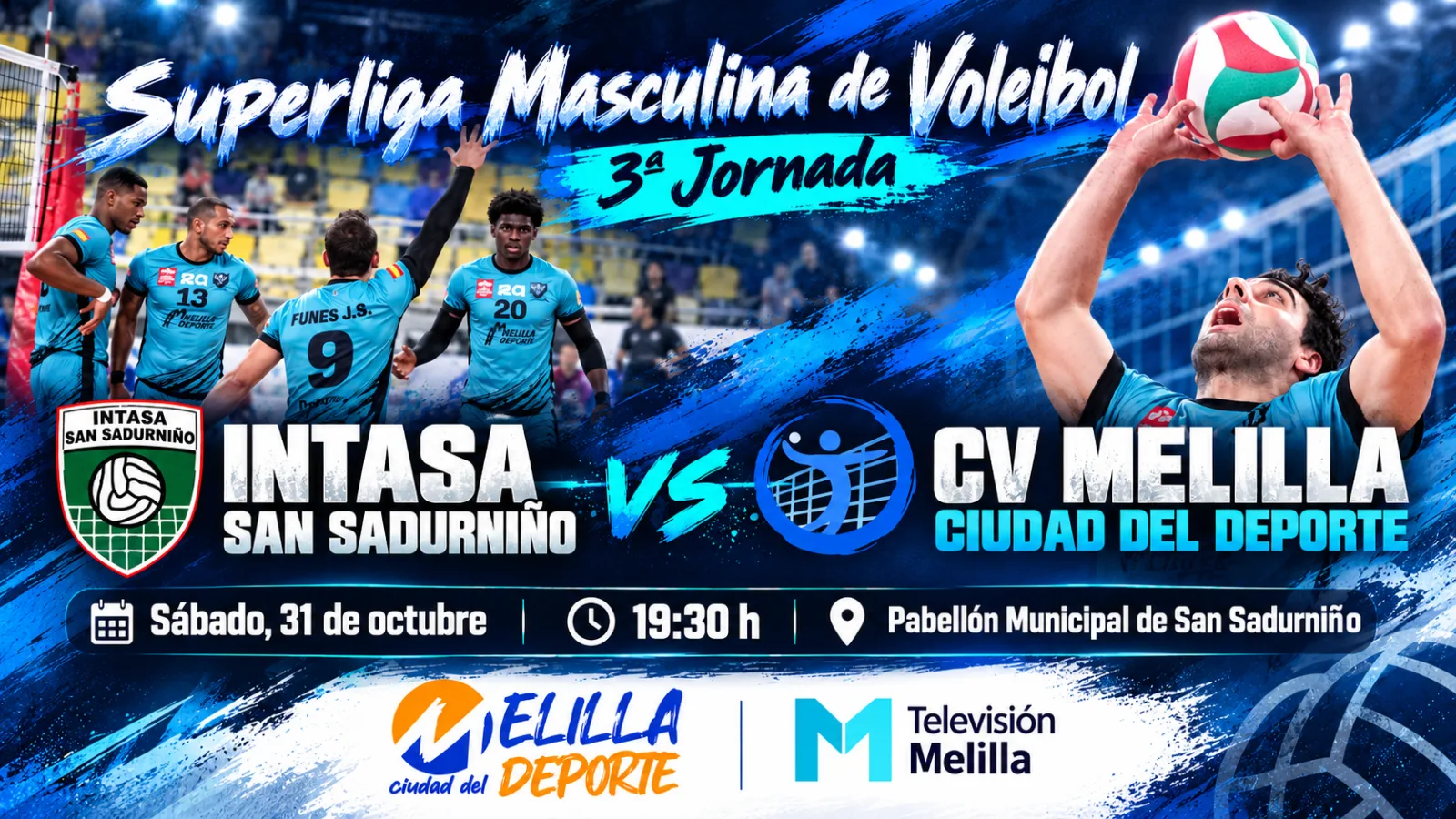 Cartel de voleibol con jugadores, un balón y el texto Intasa San Sadurniño vs CV Melilla.