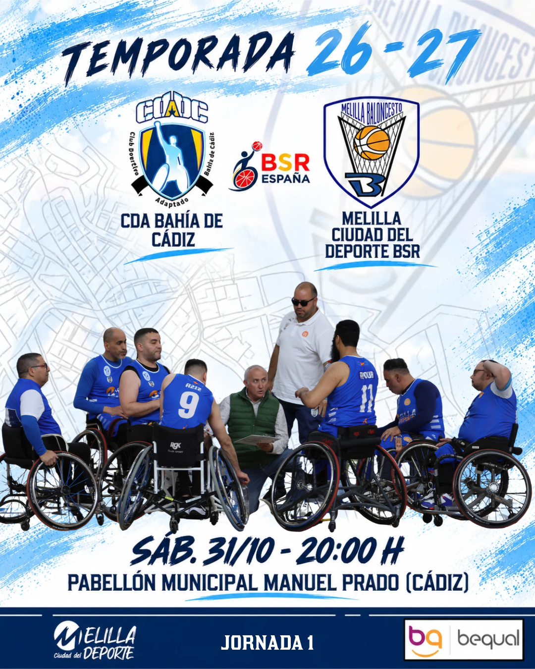Cartel de baloncesto en silla de ruedas con jugadores y técnicos en corro, escudos de equipos y datos del partido.