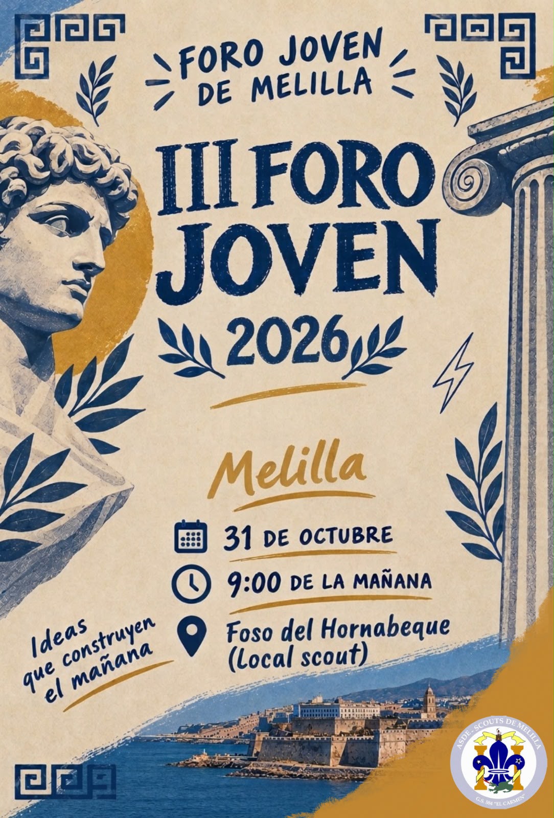 Cartel del III Foro Joven 2026 en Melilla, con busto clásico, columna y vistas de la ciudad al pie.