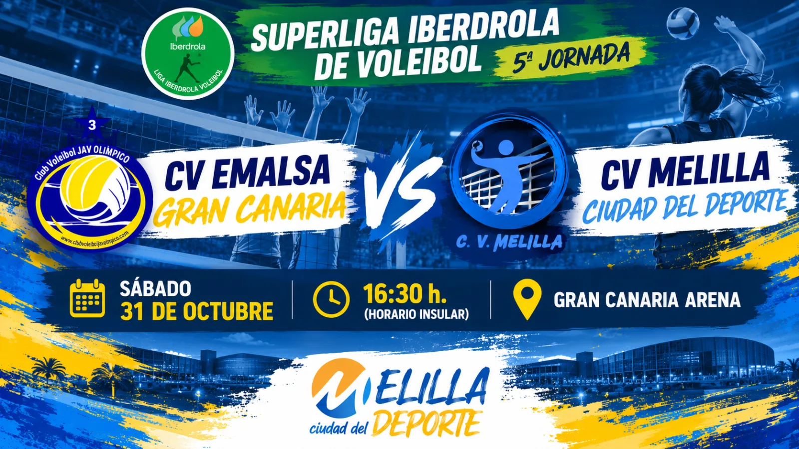 Cartel de voleibol que anuncia el partido CV Emalsa Gran Canaria contra CV Melilla, con fecha, hora y pabellón.