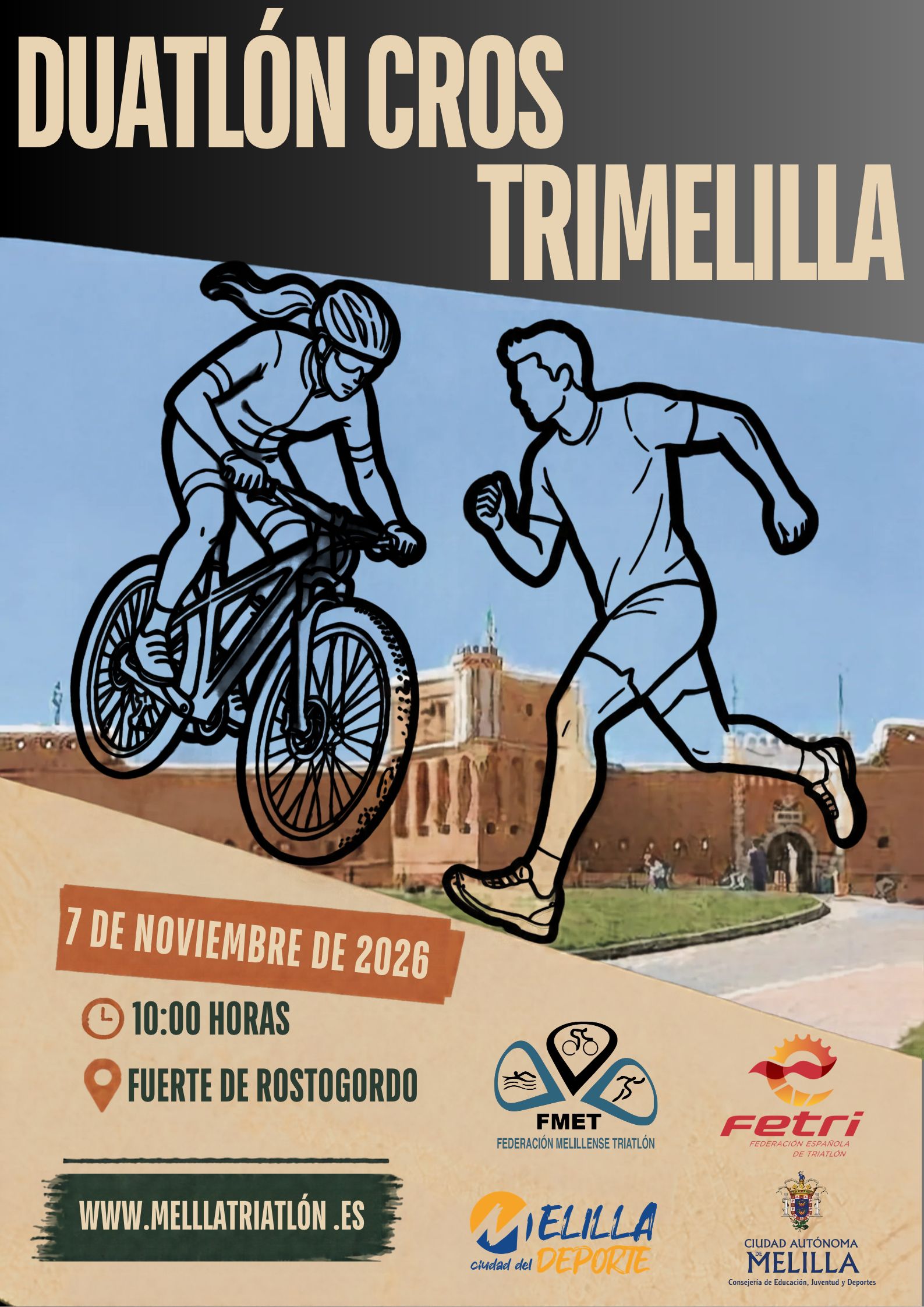 Cartel del Duatlón Cros Trimelilla con dibujos de un ciclista y un corredor ante una fortaleza.